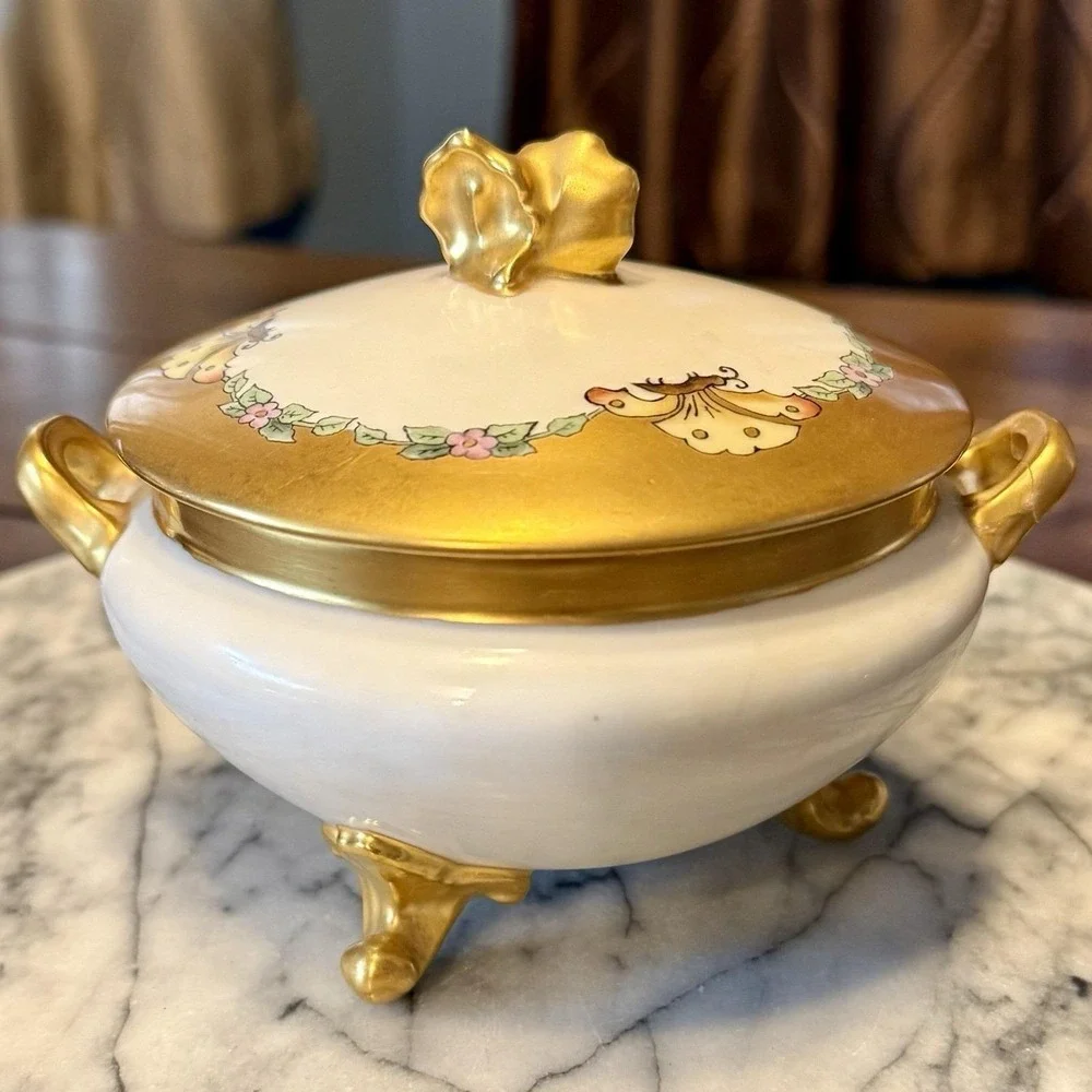9pc VTG Antique Limoges France‎ Hand-Painted Gold Butterfly Vanity Set Dresser